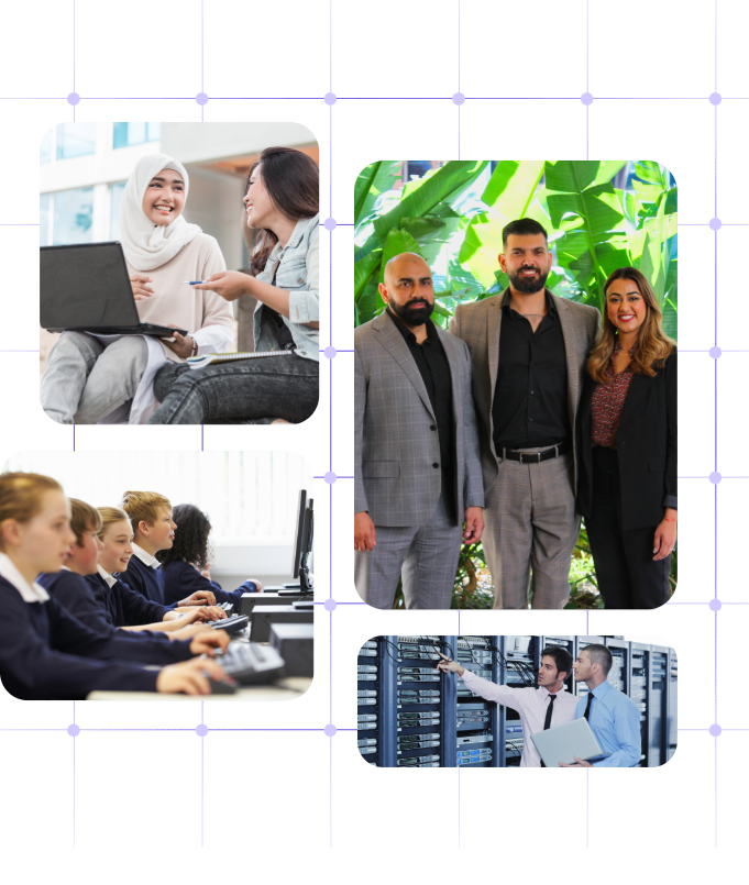 Collage of students learning with laptops, a school computer lab, IT professionals working in a server room, and Cloud Context team members, representing modern education technology support. Collage of students learning with laptops, a school computer lab, IT professionals working in a server room, and Cloud Context team members, representing modern education technology support.